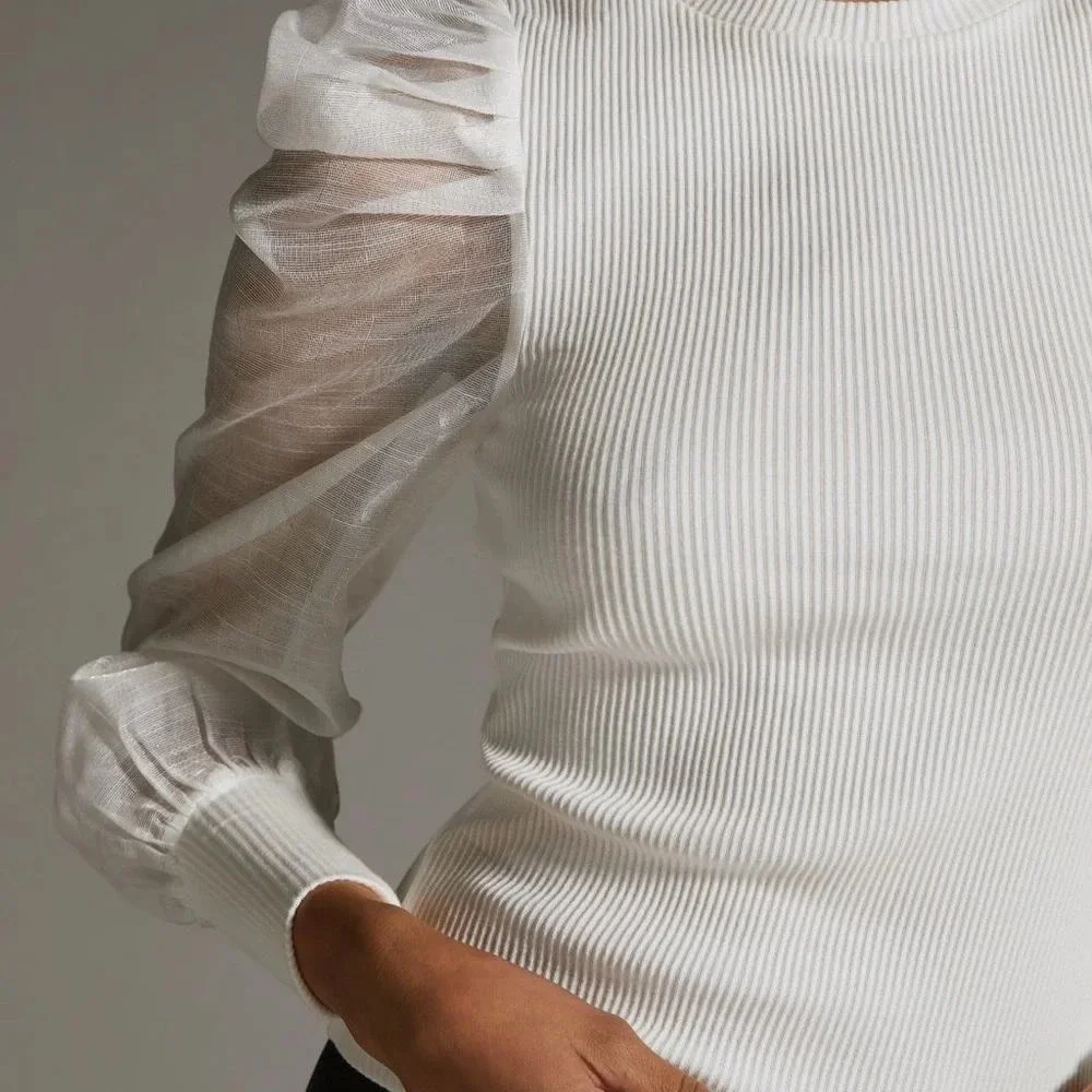 NWT Anthropologie Dolan Left Coast Ribbed Puff Sheer Sleeve Top White Blouse XS